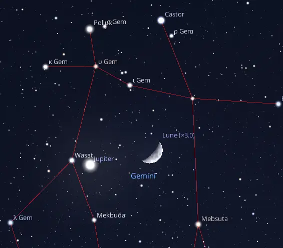 l un beau rapprochement entre la Lune et la planète Jupiter dans la constellation des Gémeaux