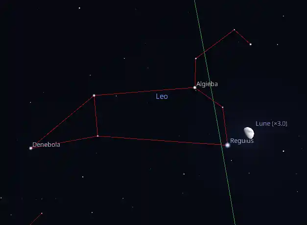 dans sa course autour de la Terre, la Lune est proche de l'étoile Régulus de la constellation du Lion