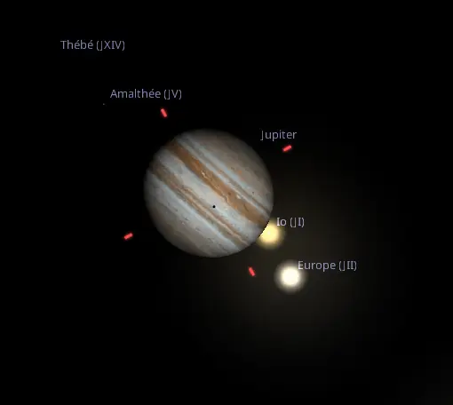 à 21h40 le satellite Io fait son apparition en sortie de Jupiter et Europe projette son ombre sur la surface de la planète